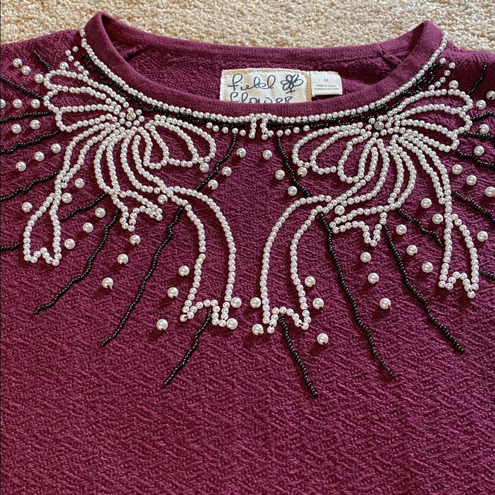 Anthropologie Field Flower Beaded Detail  Textured Cotton Sweater Crew Wine M